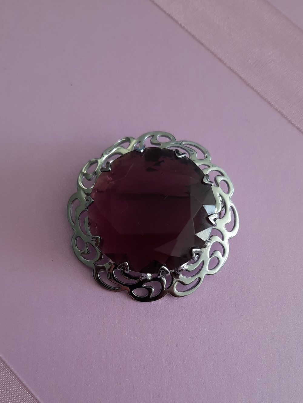 Silver-tone Filigree Mizpah Brooch with Deep Purple Gemstone